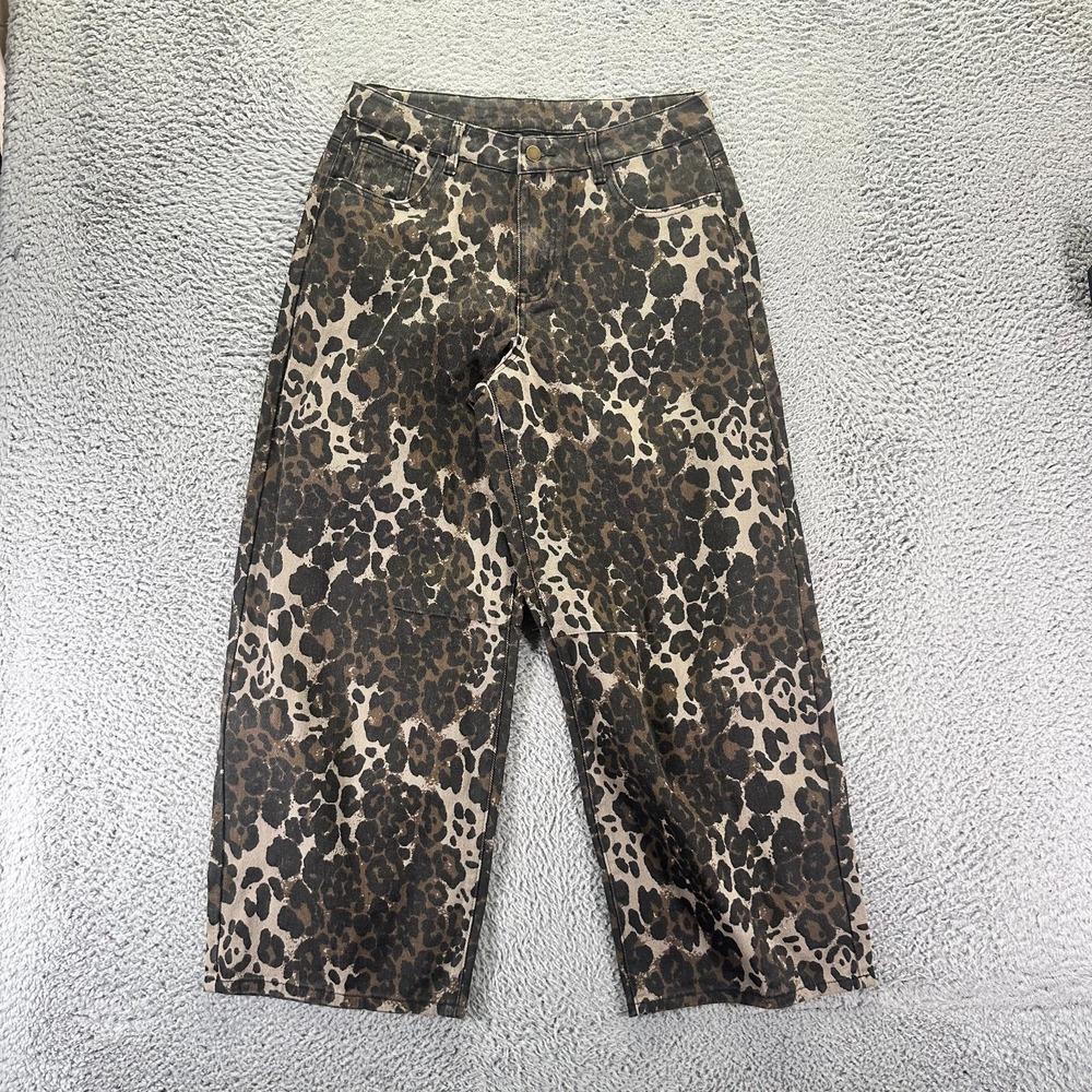 Cider Jeans Womens M Black Leopard Print Cotton Denim Wide-Leg Barrel Streetwear